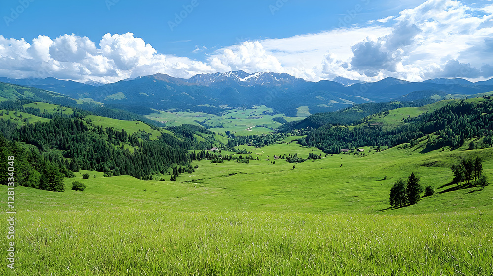 Obraz premium Lush green alpine valley stretches toward distant snow-capped mountains under a bright blue sky with clouds.