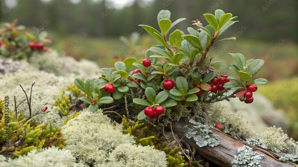 Bearberry Plants and Lichens in Autumnal Forest