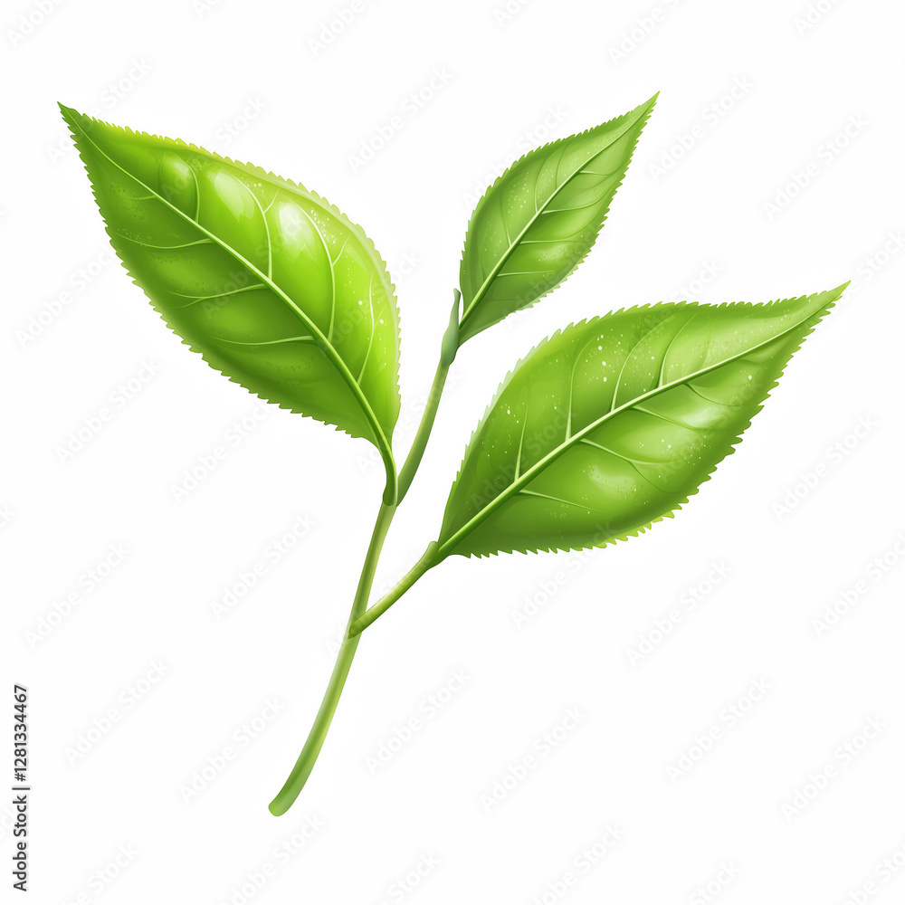 Fototapeta premium Realistic fresh green tea leaf sprig with three glossy leaves and a delicate stem, botanical illustration of herbal foliage for natural and organic themes, isolated on transparent background.