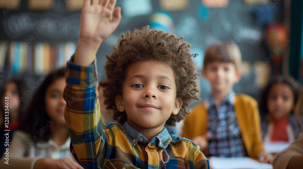 Cute boy raising hand learning in classroom at school. Cute boy raising hand learning in classroom at school.