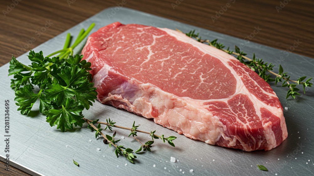 Fresh raw steak with parsley garnish Fresh raw steak with parsley garnish