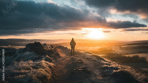 Hiker on Frosty Ridge Path at Sunset with Scenic View