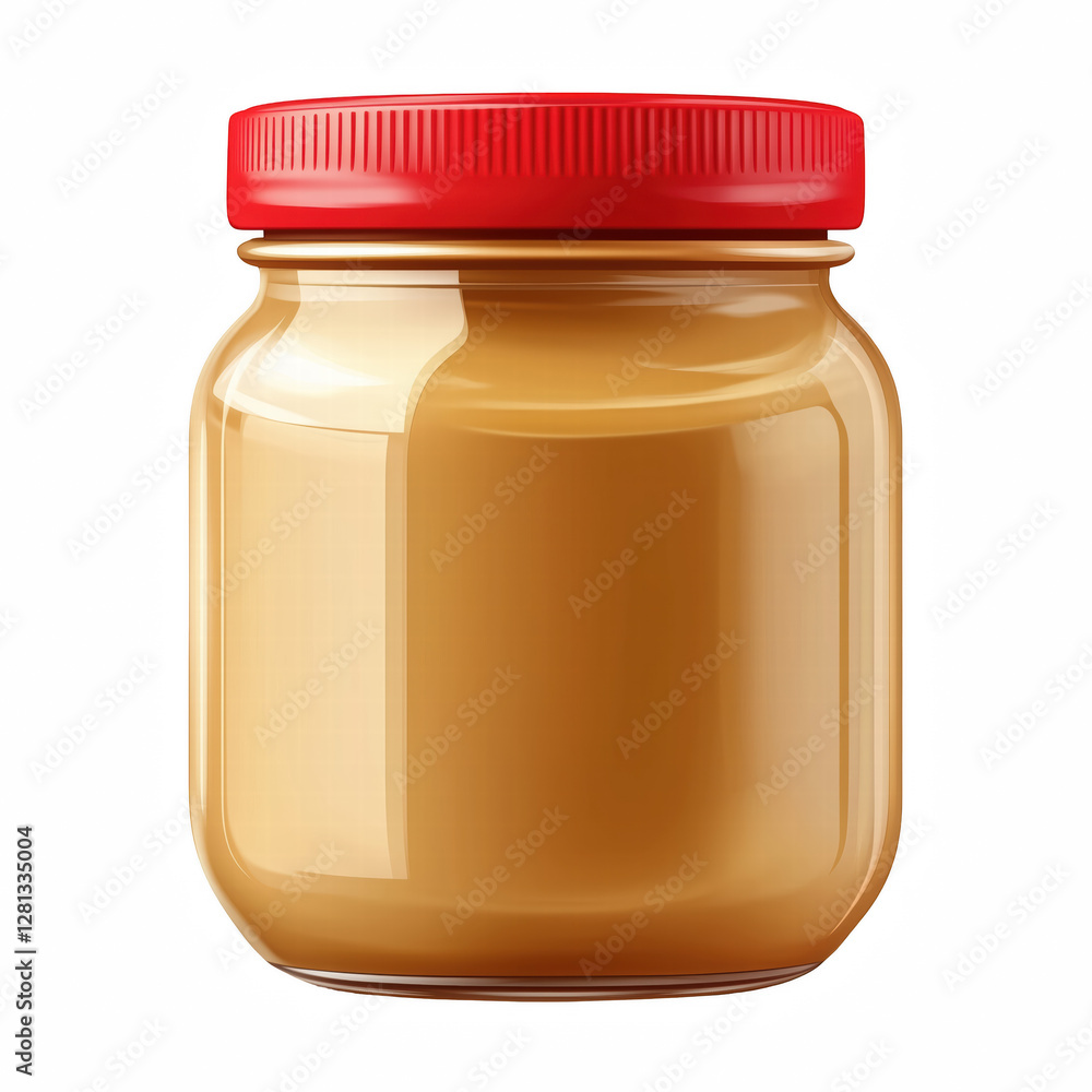 Realistic jar of peanut butter with a red screw-on lid, smooth and creamy nut spread in a transparent glass container, isolated on transparent background. Realistic jar of peanut butter with a red screw-on lid, smooth and creamy nut spread in a transparent glass container, isolated on transparent background.