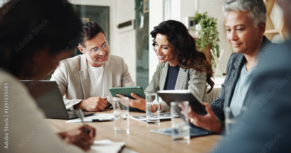 Meeting, technology and business people in office for finance investment with company with online. Collaboration, discussion and financial management team with profit or revenue margin report.