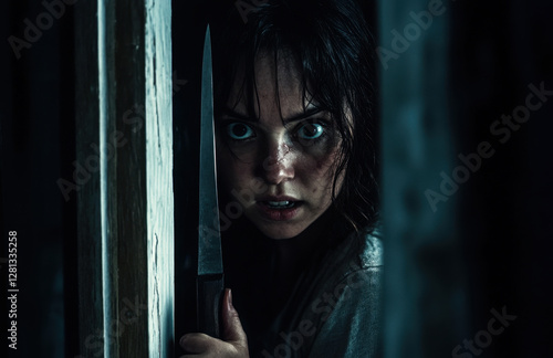 In a dark corner, a woman clutches a knife, her piercing eyes fixed with focus and determination in a chilling atmosphere photo