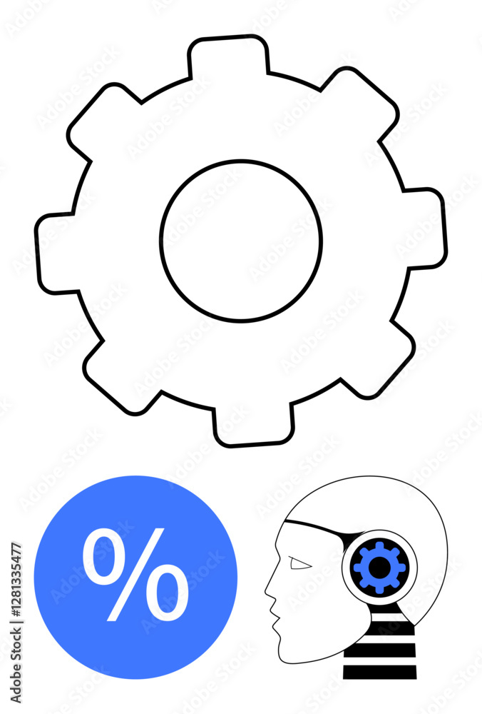 Obraz premium Gear above blue percentage sign and human head silhouette with gear on ear Ideal for technology, automation, artificial intelligence, efficiency, thinking process, percentage analysis, technical
