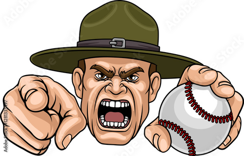 An angry drill instructor or sergeant bootcamp army soldier cartoon character holding baseball ball and pointing sports team mascot illustration.