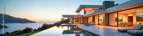 Modern luxury house with large glass windows and sunset-lit pool reflecting sophistication and exclusivity, high-end real estate concept.