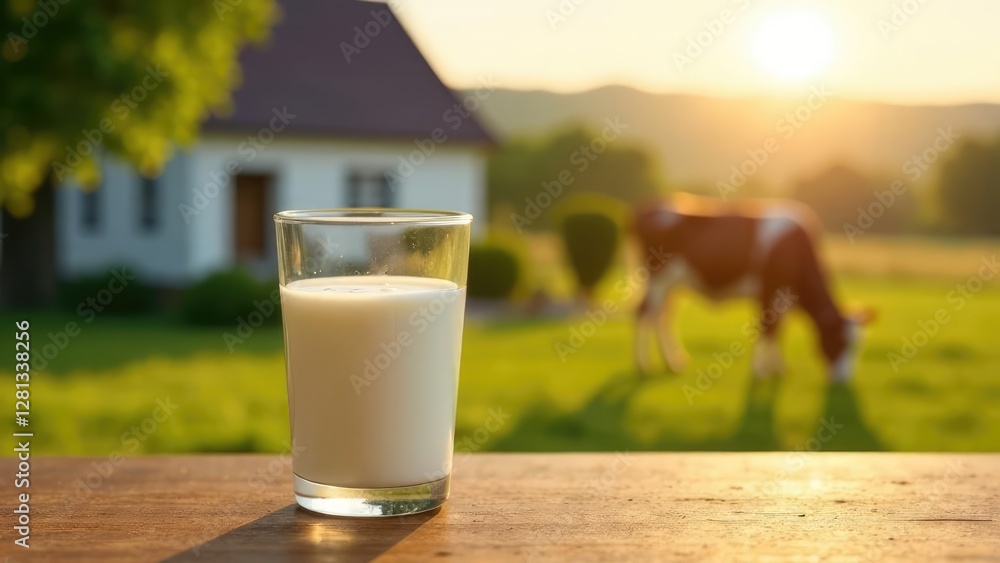 Glass of fresh milk is placed on a wooden surface with a grazing cow in a meadow and house blurred at sunset. Concept of: Rural natural goodness. Glass of fresh milk is placed on a wooden surface with a grazing cow in a meadow and house blurred at sunset. Concept of: Rural natural goodness.