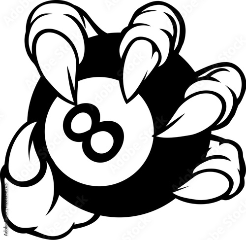 A monster or animal claw or talon hand with claws or talons holding a pool billiards black 8 ball.