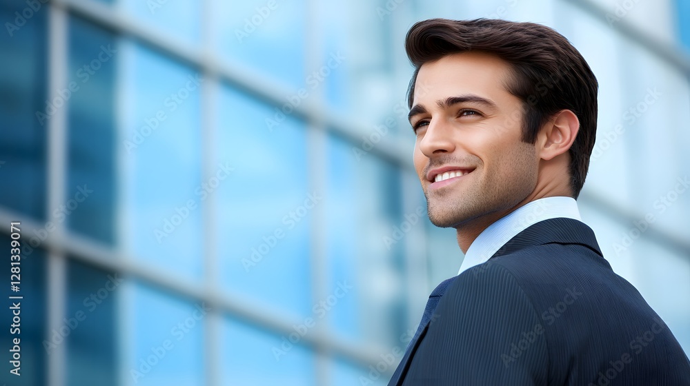 Fototapeta premium Confident Businessman Smiling Outdoors Modern Cityscape Background