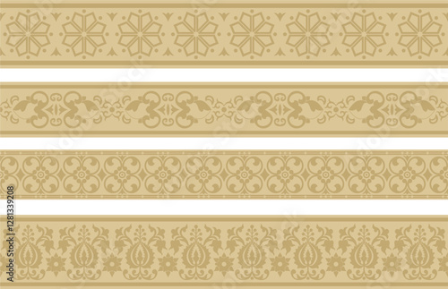 Vector endless golden ancient Russian ornament. Seamless Slavic border, frame. Painting of the royal chambers