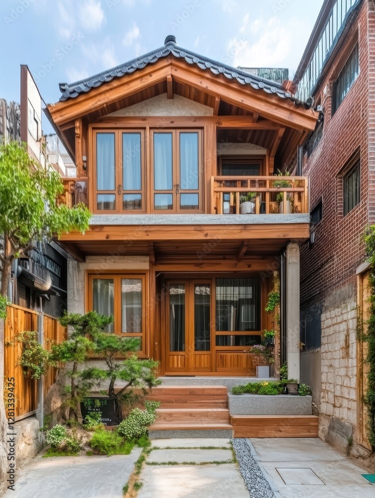 A traditional korean style house featuring wood and brick walls A traditional korean style house featuring wood and brick walls