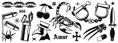 Retro trendy elements. y2k elements for des.gothic tattoo elements. Scorpion, lighter, handcuffs, knife, bullets, spider. grain effect vector illustration.