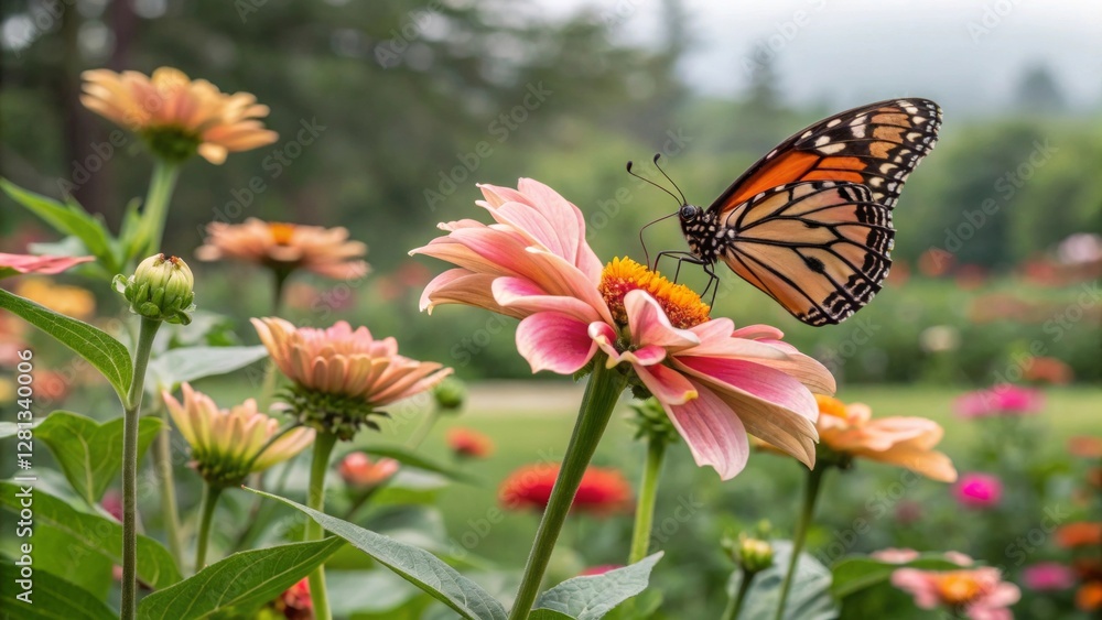 Naklejka premium A close-up of a butterfly landing on a vibrant flower in a botanical garden