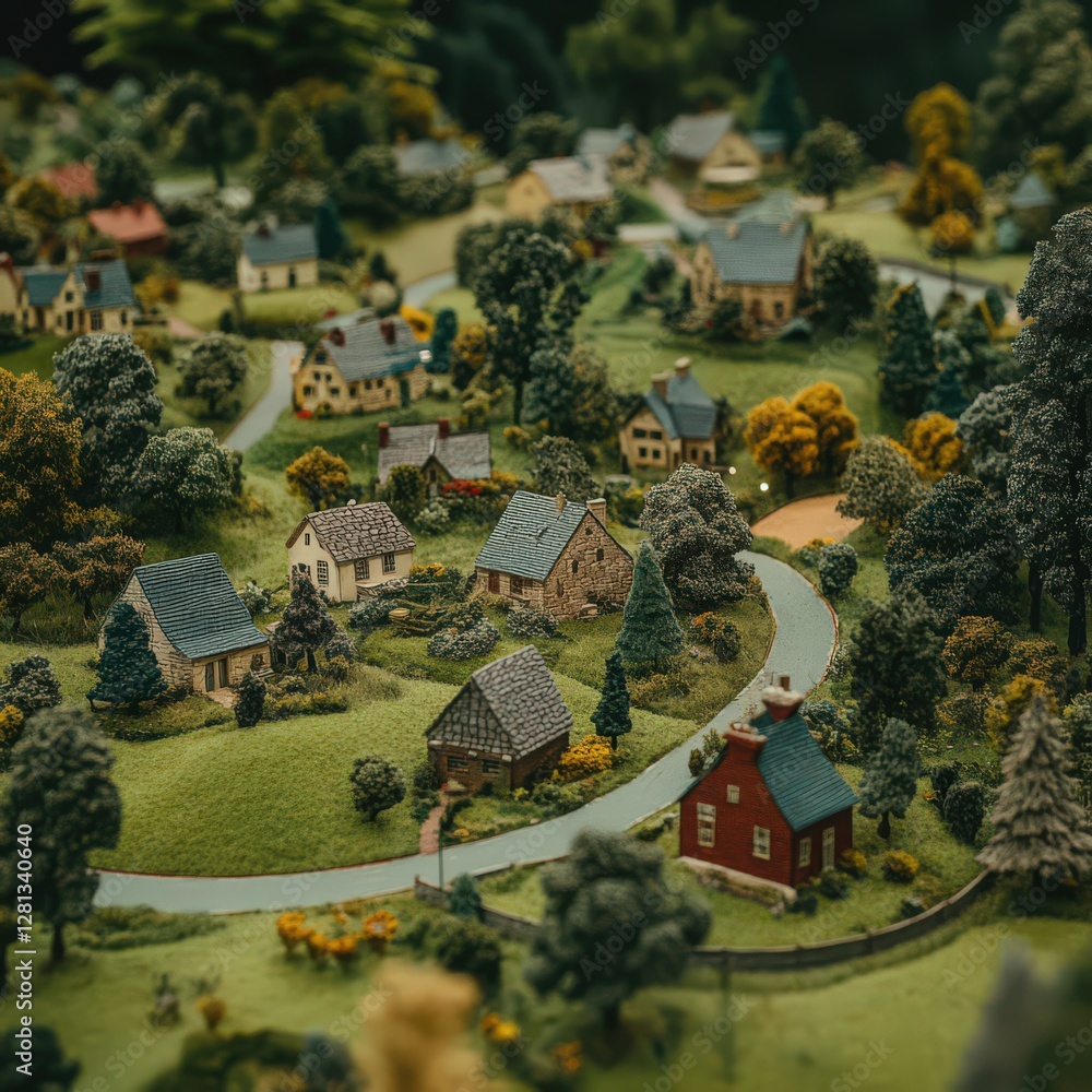 Fototapeta premium Detailed Miniature Village Model with Winding Road and Green Hills