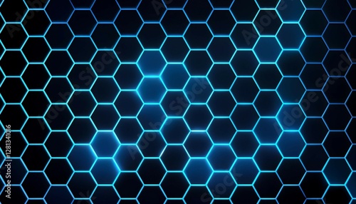 black background with blue neon hexagon grid glowing hex background generative ai