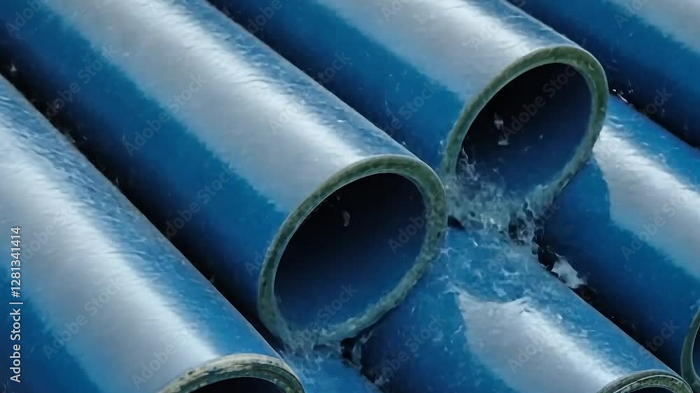 Blue pipes, water droplets, close-up, industry, background blurred