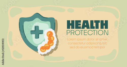 Guard shield attacked by virus, germs and bacteria. Immune system and virus protection concept with Health Protection text. Immunity hygienic medical prevention
