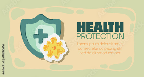 Guard shield attacked by virus, germs and bacteria. Immune system and virus protection concept with Health Protection text. Immunity hygienic medical prevention