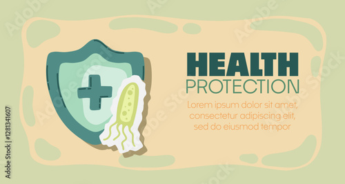 Guard shield attacked by virus, germs and bacteria. Immune system and virus protection concept with Health Protection text. Immunity hygienic medical prevention