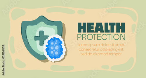 Guard shield attacked by virus, germs and bacteria. Immune system and virus protection concept with Health Protection text. Immunity hygienic medical prevention