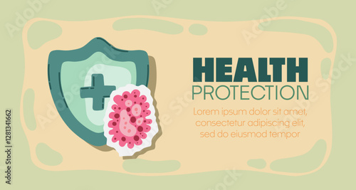 Guard shield attacked by virus, germs and bacteria. Immune system and virus protection concept with Health Protection text. Immunity hygienic medical prevention