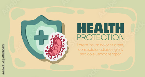 Guard shield attacked by virus, germs and bacteria. Immune system and virus protection concept with Health Protection text. Immunity hygienic medical prevention