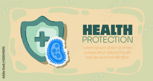 Guard shield attacked by virus, germs and bacteria. Immune system and virus protection concept with Health Protection text. Immunity hygienic medical prevention