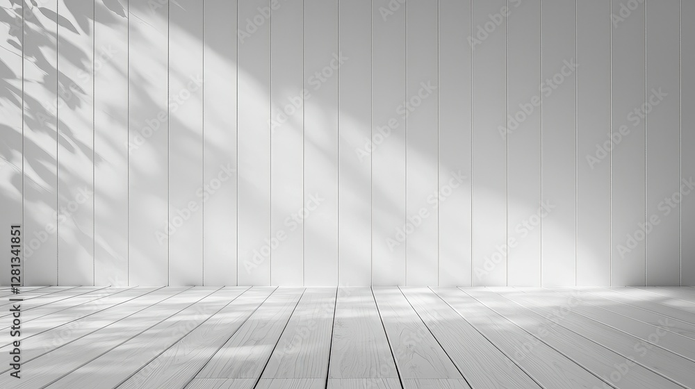 Sunlit white wood paneled backdrop with leaf shadows, evoking calm. Ideal for minimalist design, natural light photography, and home decor projects. Sunlit white wood paneled backdrop with leaf shadows, evoking calm. Ideal for minimalist design, natural light photography, and home decor projects.