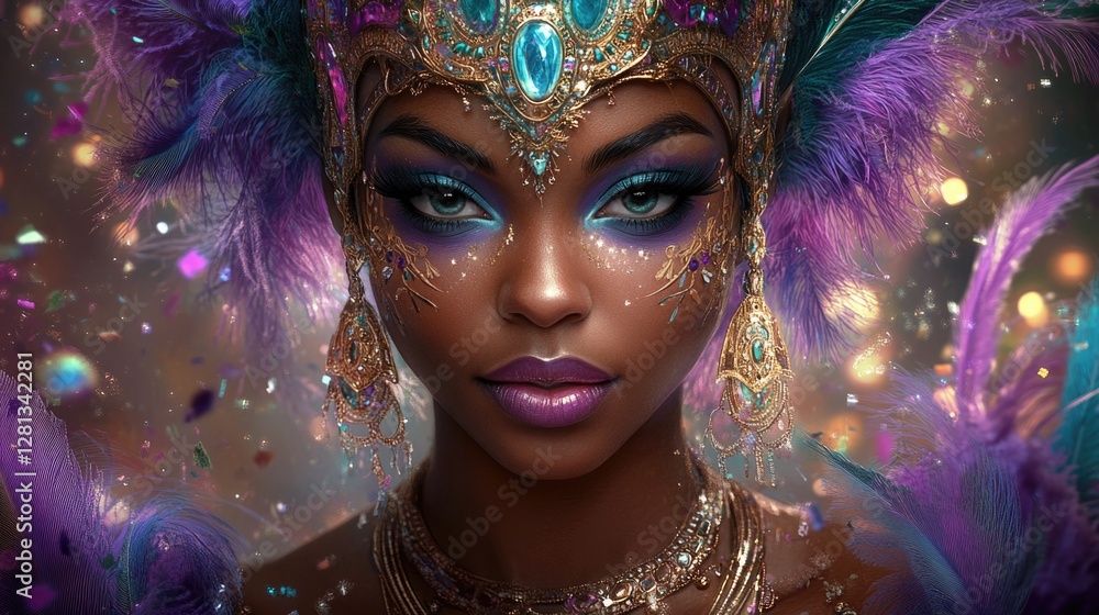 Young woman in exquisite ornate headdress with vibrant feathers and jewelry. Mardi Gras, Fat Tuesday, Carnival Season. Bright Parades, Masks, Festive Costumes, Vibrant Atmosphere Young woman in exquisite ornate headdress with vibrant feathers and jewelry. Mardi Gras, Fat Tuesday, Carnival Season. Bright Parades, Masks, Festive Costumes, Vibrant Atmosphere