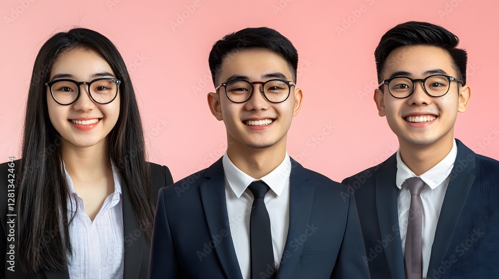 Smiling Asian Business People Portrait Pink Background
