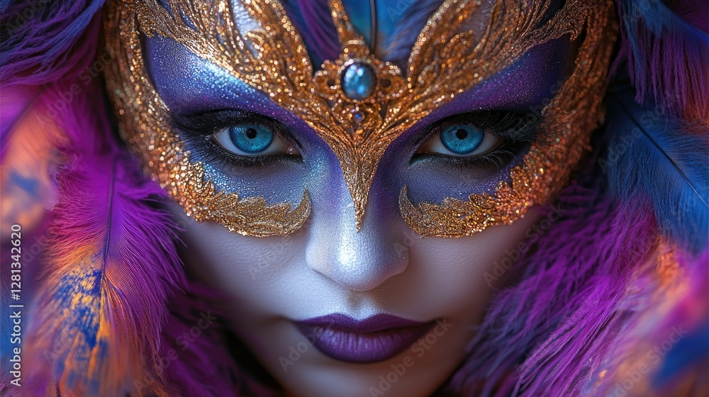 Caucasian woman in ornate feathered mask with intense blue eyes at mardi gras. Mardi Gras, Fat Tuesday, Carnival Season. Bright Parades, Masks, Festive Costumes, Vibrant Atmosphere Caucasian woman in ornate feathered mask with intense blue eyes at mardi gras. Mardi Gras, Fat Tuesday, Carnival Season. Bright Parades, Masks, Festive Costumes, Vibrant Atmosphere
