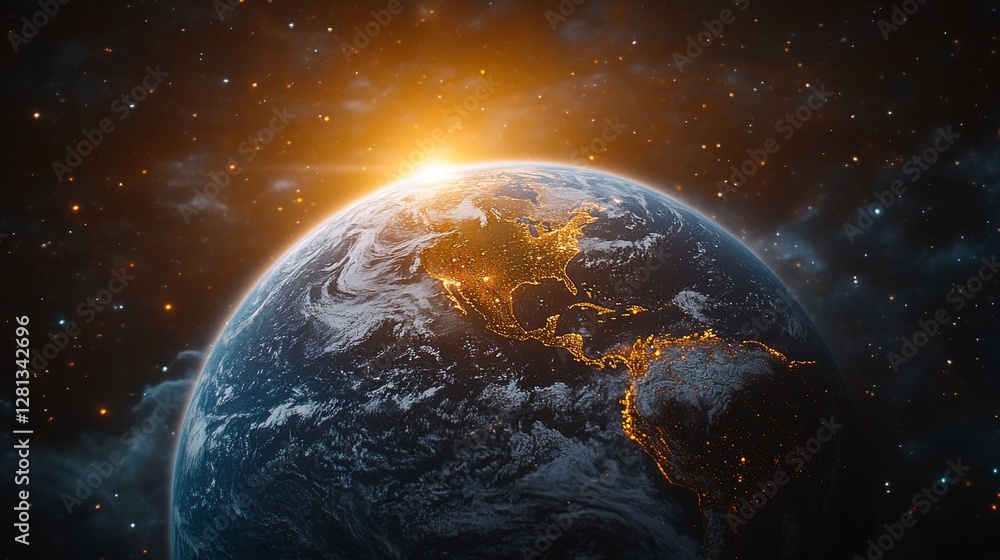 Naklejka premium Sunrise over Earth from space, showing North and Central America illuminated.