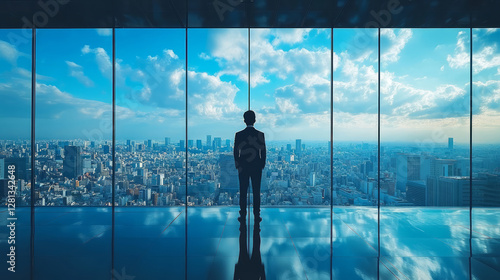 Businessman standing in front of floor-to-ceiling windows of office building overlooking city skyline