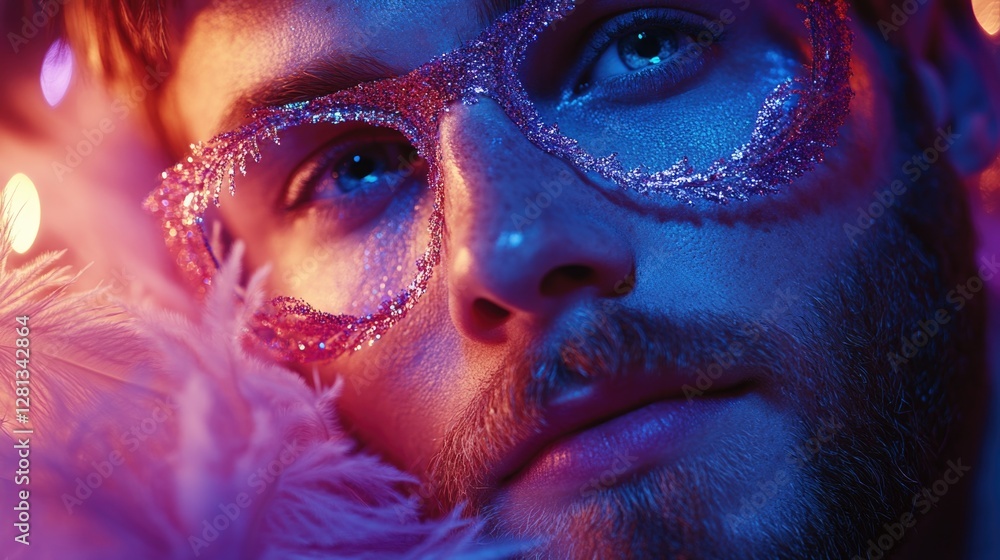 Young caucasian man with glitter glasses in neon lighting close-up. Mardi Gras, Fat Tuesday, Carnival Season. Bright Parades, Masks, Festive Costumes, Vibrant Atmosphere Young caucasian man with glitter glasses in neon lighting close-up. Mardi Gras, Fat Tuesday, Carnival Season. Bright Parades, Masks, Festive Costumes, Vibrant Atmosphere