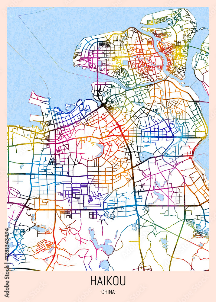 Haikou China City Map, downtown tourism, house art travel, scenic metropolis concept, travel art city, patriotic abstract banner