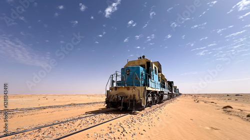 One of the powerful diesel locomotives of the train that crosses the Mauritanian Sahara desert between Zouerate and Nouadhibou. It is one of the heaviest trains in the world
