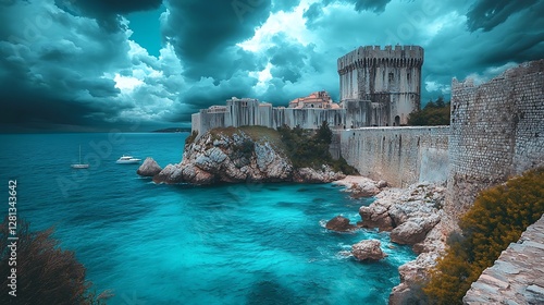 A dramatic image of a fortified coastal city with water