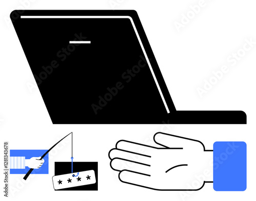 Laptop with a hand reaching out, and a fishing pole hooking a password. Ideal for online security, cyber threats, phishing, cybersecurity awareness, internet safety, data protection, password