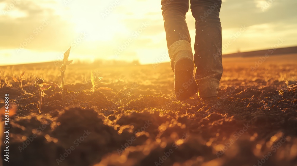 Fototapeta premium A farmer plants seeds in fertile soil under the shining sun, with distant fields visible, symbolizing growth and agriculture.