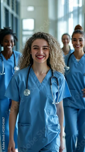 Group of smiling healthcare professionals walking through a hospital corridor in blue scrubs during a bright day