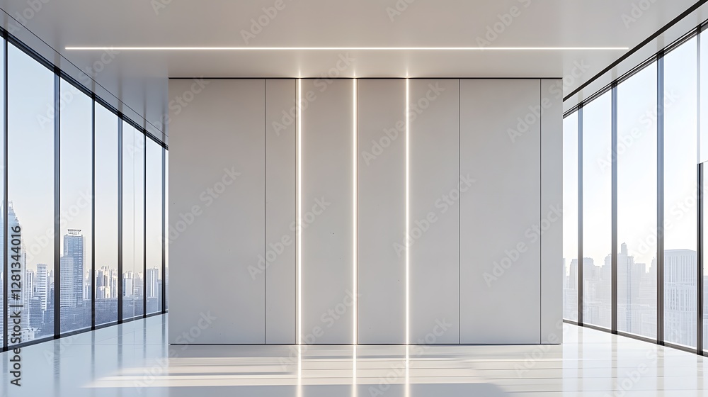 Obraz premium Modern Office Space with City View and Illuminated Wall