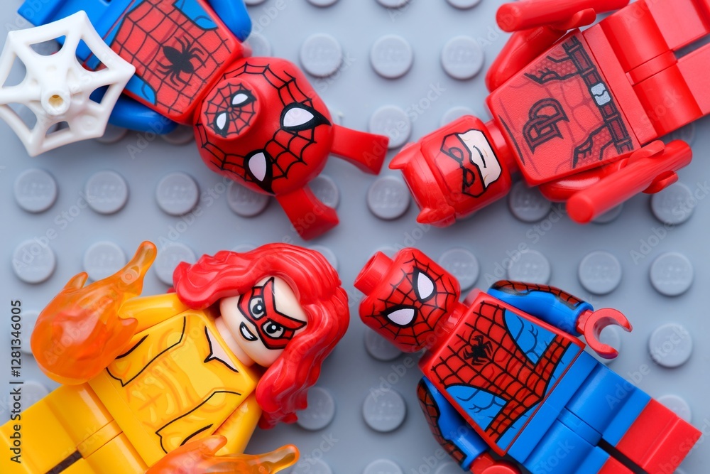 Naklejka premium Tambov, Russian Federation - February 03, 2025 Four Lego Marvel character minifigures - Spider-Ham, Daredevil, Firestar and Spider-Man, on gray baseplate background.
