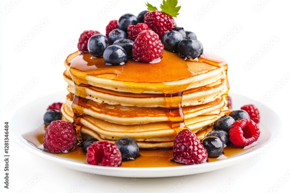 Stacked pancakes with berries and syrup on a plate against white background Stacked pancakes with berries and syrup on a plate against white background