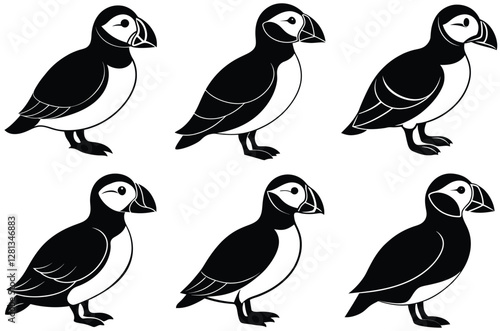 Puffin Bird Silhouette set, Silhouette Puffin vector illustration