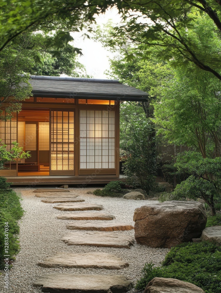 A Japanese garden with a stone pathway in the foreground A Japanese garden with a stone pathway in the foreground