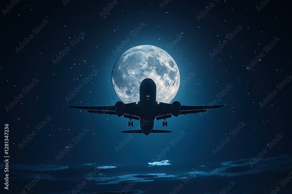 Obraz premium Airplane soaring through the night sky with a bright full moon illuminating its path and twinkling stars creating a magical atmosphere