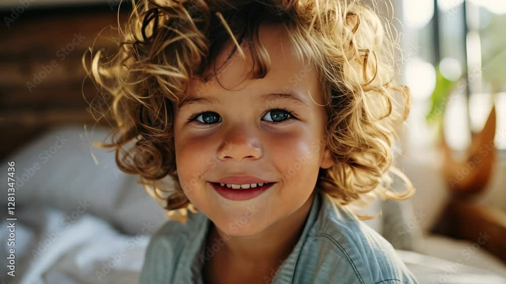 A charming child with curls smiles charmingly in a pleasant bright soft light. The child's daily routine, healthy children's sleep.