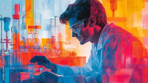 Scientist conducts experiments with lab equipment using colorful lighting